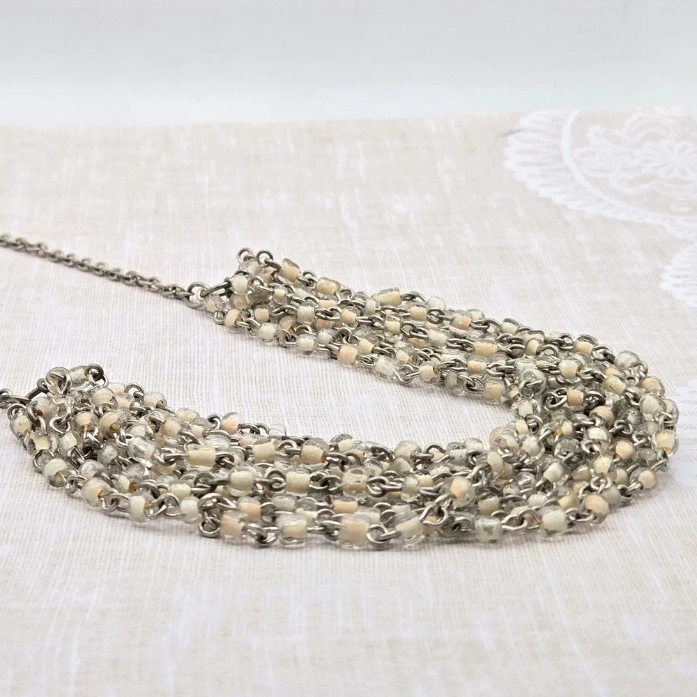Vintage Handmade Silver Tone Multi Strand Necklace Cream‎ Clear Glass Seed Bead